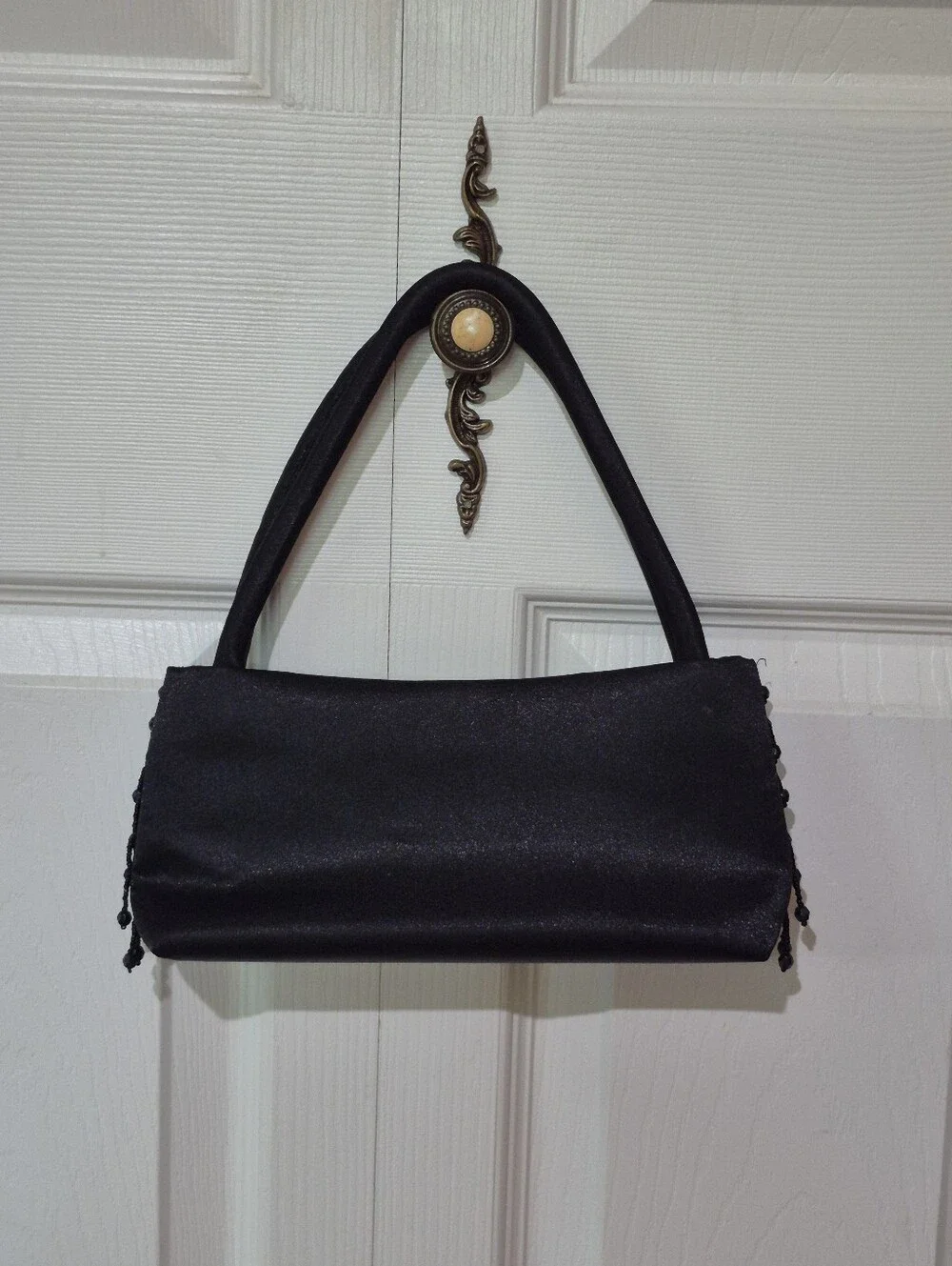 Black beaded satin evening purse